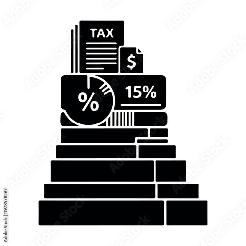 Tax percentage and financial data stack graphic with percentage symbol and 15 percent
