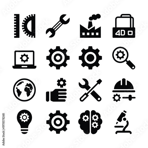 Industrial engineering icon collection featuring gear laptop wrench and factory silhouettes for manufacturing technology design.