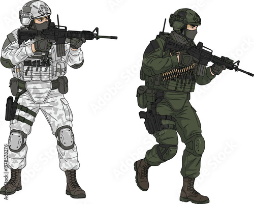 Two soldiers in tactical gear with rifles, camouflage uniforms, military vector illustration, combat readiness, defense concept, armed forces design