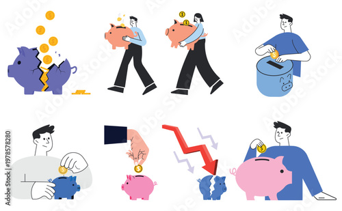 Set of Piggy Bank Savings Vector Illustrations with Broken Bank, Falling Coins, Coin Deposit, Money Loss, Budget Decline, and Men and Women Holding Savings Banks.