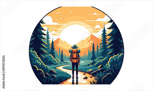hiker walking on path through forest towards mountains at sunset