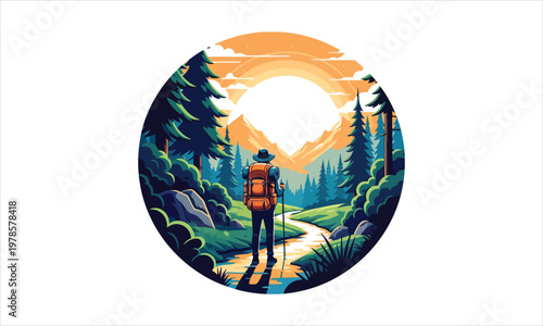 hiker standing on path in forest with mountains at sunset