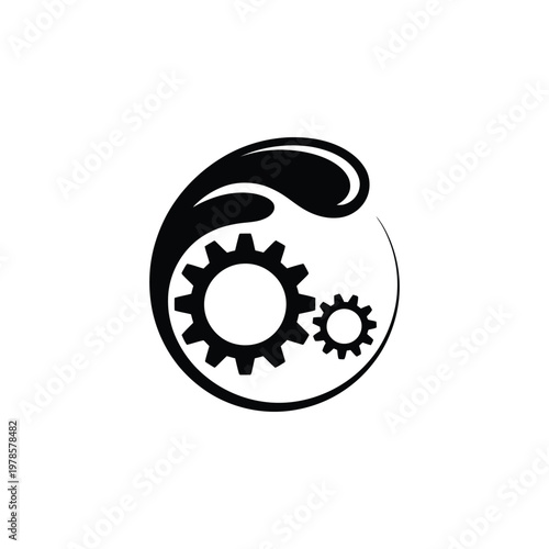 Mechanical gears and oil drop design within a circular frame illustrating lubrication or industrial maintenance.