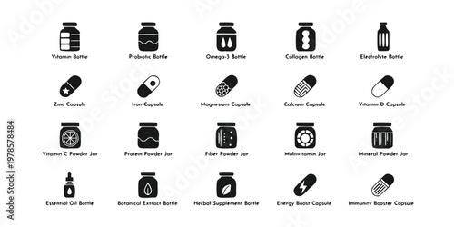 Supplement Icons Vector Set – Vitamins, Capsules, and Bottles