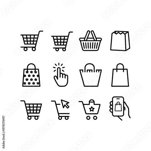 Set of shopping cart, basket, bag icons, and mobile shopping for e-commerce and retail concepts.