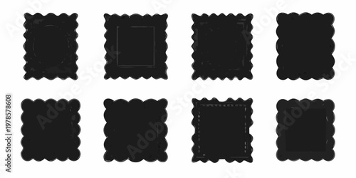 Arrangement of nine black rectangular shapes with decorative scalloped edges