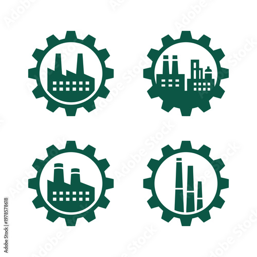 Collection of factory and industrial building icons inside gear shapes representing manufacturing and industry.