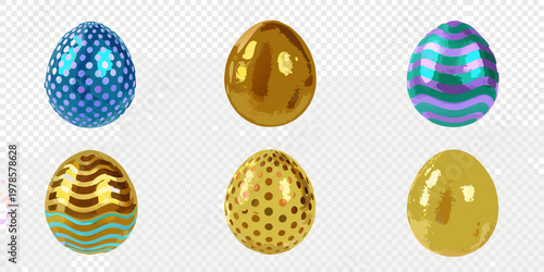 A colorful collection of six decorated easter eggs on a transparent background