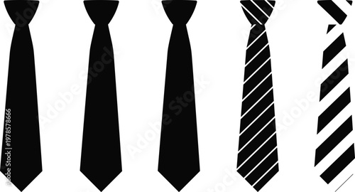 Collection of five necktie silhouettes, solid and striped patterns, fashion accessory illustration, formal wear, elegant men’s clothing, stylish office apparel vector