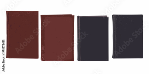 Four antique books with dark textured covers arranged in a row