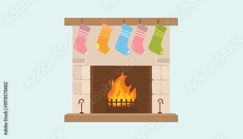 vector Cozy Christmas Fireplace with Stockings and Burning Fire