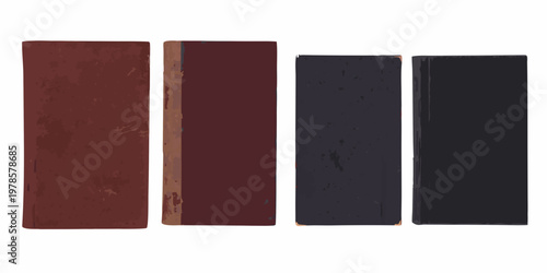 Four antique books stand vertically against a white background