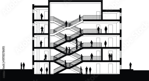 Architectural section drawing of multi-story building, zigzag staircases, human silhouettes, interior circulation, spatial hierarchy, modern design, black and white vector illustration artwork
