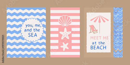 Colorful beach themed illustrations with text and marine life motifs