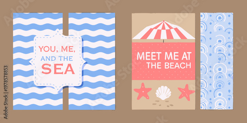 Colorful beach themed bookmarks with text and seaside illustrations