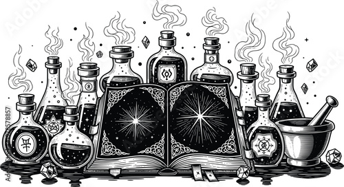 Magical alchemy book illustration, potion bottles and mystical flasks, vector artwork of enchanted study, crystals and smoke, fantasy occult laboratory design