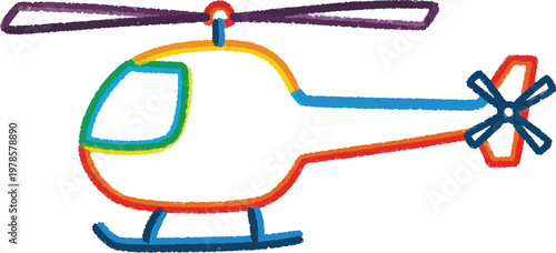 A colorful, hand-drawn helicopter illustration. The helicopter is depicted with a vibrant color scheme, featuring orange, blue, green, and purple.