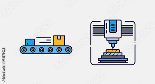 Industrial automation with conveyor belt and 3D printer.