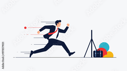 Motivated businessman in a formal suit running fast towards obstacles and goals to achieve professional success in his career.