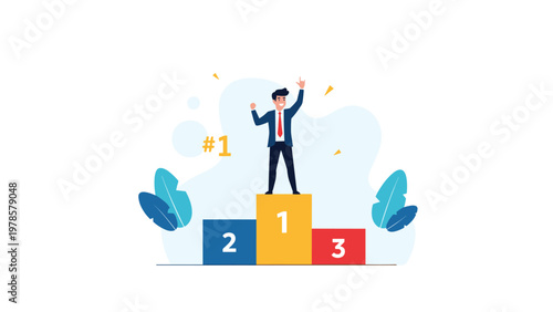 Successful businessman celebrating his victory while standing on the first place position of a winners podium with festive elements.