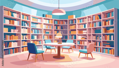 vector Cozy Library Reading Room with Bookshelves and Chairs