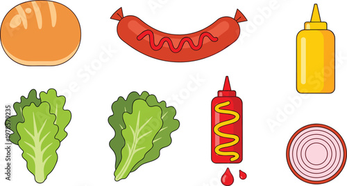 Hotdog Vector Set with Buns, Sausages, Mustard, Lettuce, and Condiments for Food Illustrations, Menus, and Digital Designs