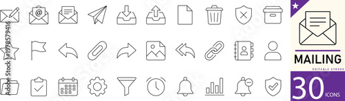 Minimal Mailing line icon set for email, message, inbox, send, receive, notification, and communication. Editable vector icons for apps, websites, and digital communication projects