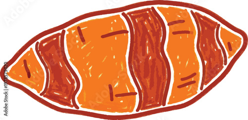 A hand-drawn sweet potato illustration. The sweet potato is orange with brown lines indicating the flesh.
