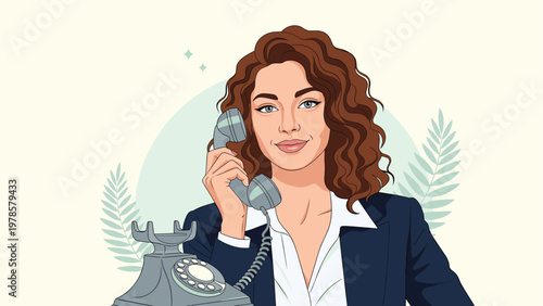 Elegant businesswoman with curly hair talking on a classic vintage rotary telephone against a decorative pastel background.