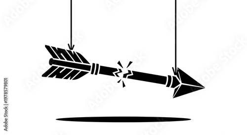 A broken arrow hangs suspended in mid-air, its fletching and tip visible, with a shattered section in the middle, against a plain background.