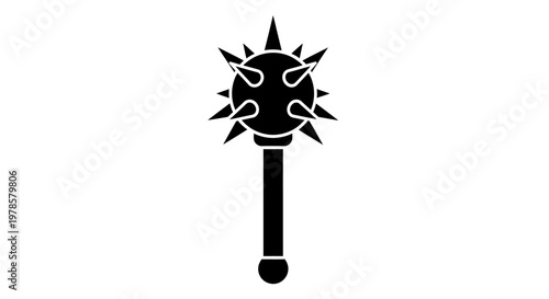 The illustration depicts a spiked mace with a long handle, featuring sharp spikes and a menacing ball at the end, evoking a sense of power and danger in a dark fantasy setting.