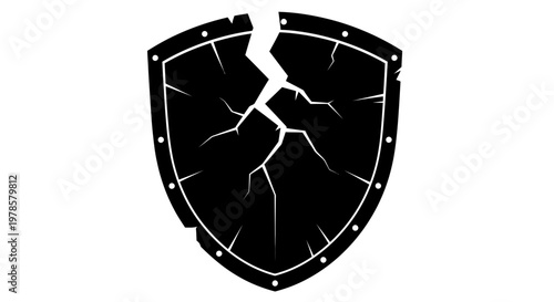 A cracked shield icon with white outline and rivets on a solid background displays damage and security breach concept.