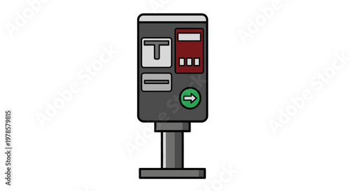 An illustration of a parking meter standing alone on a sidewalk in an urban environment with technology and industry nearby.