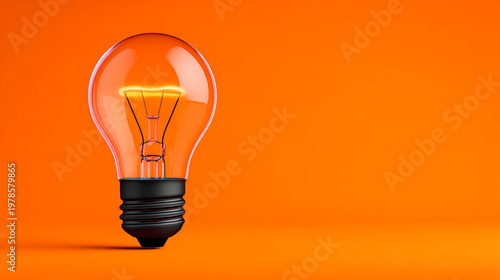 Bright bulb on orange bg. A light bulb stands alone on a bright orange background, showing its filament and clear glass structure.