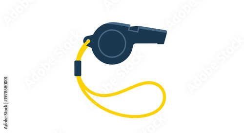 A referee holds a black whistle with a yellow cord in a sports setting.