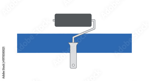 A paint roller applies blue paint smoothly on a surface with a gray roller cover and handle in an industrial setting with tools and equipment.