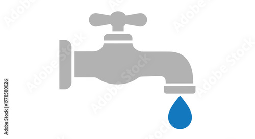 A single drop of water falls from a faucet in a simple illustration.
