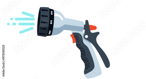 A gardening hose nozzle sprays water in a sunny outdoor setting with a black and orange handle.