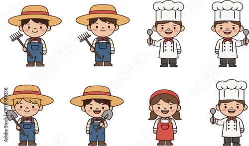 Farmer and Chef Character Collection with Tools and Chef Hats – Vector Illustration Set