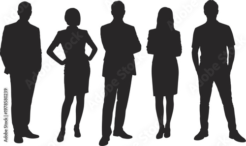 Business team silhouette with men and women standing confidently, corporate professionals concept, leadership and teamwork isolated on white background for office and marketing
