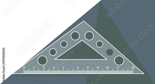 A graphic illustration of a triangle ruler with holes on a multi-colored background, showcasing a tool used for measuring and drawing.