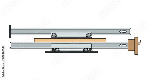 A detailed illustration of a sliding door track system with rollers and a wooden bracket attached to the end, showcasing industrial components and mechanisms.