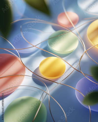 Abstract Composition: Delicate spheres and flowing lines intertwine in a captivating abstract composition, bathed in soft, natural light, creating a sense of tranquility and ethereal beauty.