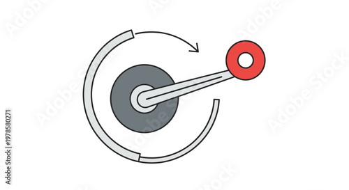 A mechanical illustration of a rotating wheel with a red circular object attached to a rod, showcasing motion and industrial components in a graphic design.