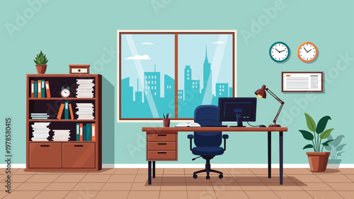 Modern office interior design featuring a wooden desk, computer, ergonomic chair, bookshelf, and window view of a city skyline.