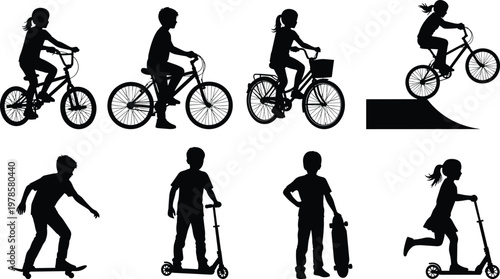 Set of Black Silhouettes Featuring Active Children Riding Bicycles Skateboarding and Using Scooters Isolated on White Background for Youth Sports Graphics