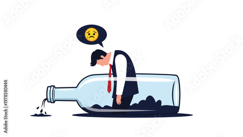 Metaphorical illustration of a sad and depressed businessman trapped inside a glass bottle with dark liquid leaking out.