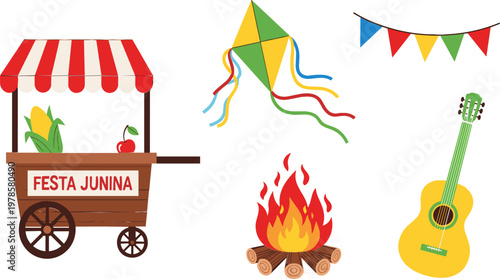 Festa Junina Cartoon Vector Set with Traditional Brazilian Festival Elements Including Food Stall, Bonfire, Kite, Guitar and Colorful Flags for Celebration Design