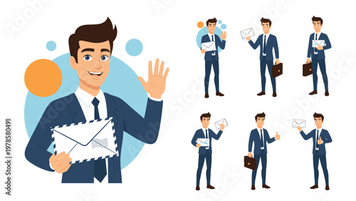 Set of illustrations showing a friendly businessman in various poses holding an envelope for communication and mail services.