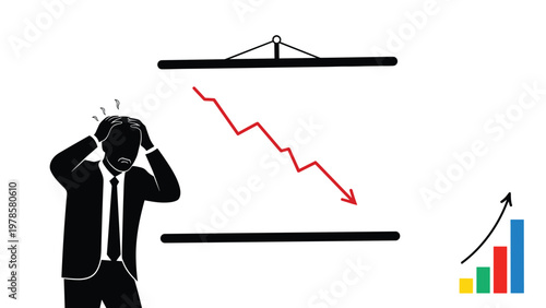 Stressed businessman silhouette looking at a screen showing a declining financial red graph line representing loss and crisis.
